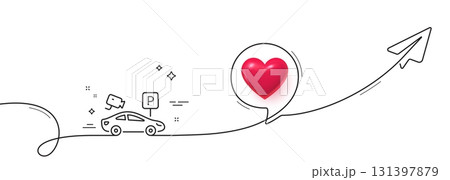 Parking with video monitoring line icon. Continuous line with share plane. Car park sign. Transport place symbol. 3d heart in speech bubble. Parking security single line ribbon. Vector 131397879