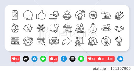 No microphone, Winner podium and Chemistry lab line icons pack. Social media: share, comment, like icons. Snowflake, Certificate, Handshake web icon. Like, Scroll down, Ice maker pictogram. Vector 131397909