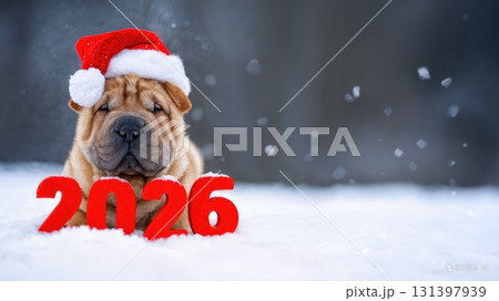 A playful dog wearing a festive Santa hat sits in the snow, surrounded by red numbers indicating the year 2026, creating a joyful winter scene. 131397939