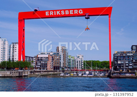 Eriksberg area on Hisingen in Gothenburg, former shipyard with big gantry crane near Alvsborg bridge, Sweden, sunny summer day Eriksberg area on Hisingen in Gothenburg, former shipyard with big gantry crane near Alvsborg bridge, Sweden, sunny summer day 131397952