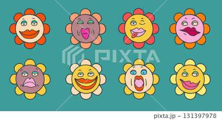 Groovy Daisies with Funny Faces on Teal Background 131397978
