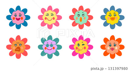 Colorful Groovy Daisies with Kawaii Faces on White Colorful Groovy Daisies with Kawaii Faces on White 131397980