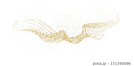 Golden curved dashed gradient net. Dynamic golden waves with small shimmer particles. Abstract stipple flow, shine undulate pattern. Vector dotted flying particles background for holiday design Golden curved dashed gradient net. Dynamic golden waves with small shimmer particles. Abstract stipple flow, shine undulate pattern. Vector dotted flying particles background for holiday design 131398096