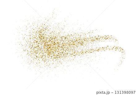 Dynamic golden waves with small shimmer particles. Abstract flow elegant golden curved dashed gradient, dotted fluid line gold background, luxury design texture. Vector illustration 131398097