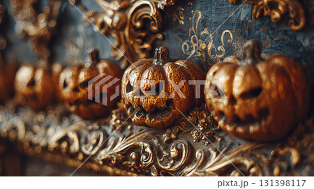 Golden jack-o'-lanterns with gothic floral background 131398117