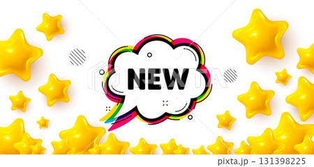 New bubble winner banner with 3d stars. Golden stars banner. New comic cartoon bubble banner. Arrival sticker shape. Offer label icon. Review rate background. Vector 131398225