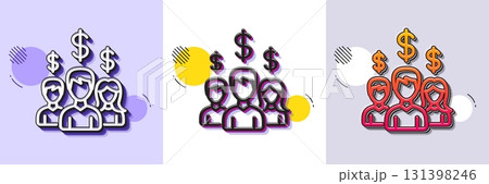 Business networking line icon. Halftone dotted pattern. Gradient icon with grain shadow. Group of people with Dollar signs. Line salary employees icon. Various designs. Vector 131398246