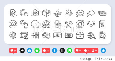 Food delivery, Web search and Gpu line icons pack. Social media: share, comment, like icons. Technical documentation, Safe time, Office box web icon. Money, 360 degrees, Rating stars pictogram. Vector 131398253