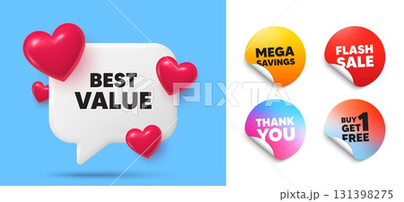 Best value speech bubble, sticker tags. Get free, Flash sale stickers. Best value tag. Special offer Sale sign. Advertising Discounts symbol. Thank you tag. 3d hearts chat bubble. Vector Best value speech bubble, sticker tags. Get free, Flash sale stickers. Best value tag. Special offer Sale sign. Advertising Discounts symbol. Thank you tag. 3d hearts chat bubble. Vector 131398275