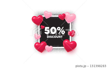 Discount photo frame banner. Square picture love frame. 50 percent discount tag. Sale offer price sign. Special offer symbol. 3d hearts balloons. Vector Discount photo frame banner. Square picture love frame. 50 percent discount tag. Sale offer price sign. Special offer symbol. 3d hearts balloons. Vector 131398283