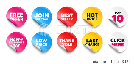 Free offer sticker tag. Top 10, Best seller, Hot price banners. Free offer tag. Special offer sign. Sale promotion symbol. Join our team sticker. Vector Free offer sticker tag. Top 10, Best seller, Hot price banners. Free offer tag. Special offer sign. Sale promotion symbol. Join our team sticker. Vector 131398325