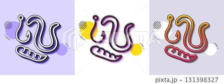 Maggots lure line icon. Halftone dotted pattern. Gradient icon with grain shadow. Fishing hook with worms sign. Fishhook bait symbol. Line worms icon. Various designs. Vector 131398327