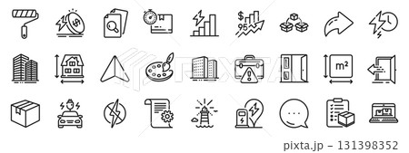 Open door, Inspect and Antistatic line icons pack. Share, Message, Paper plane icons. Energy price, Entrance, Warning briefcase web icon. Car charging, Square area, Parcel shipping pictogram. Vector 131398352