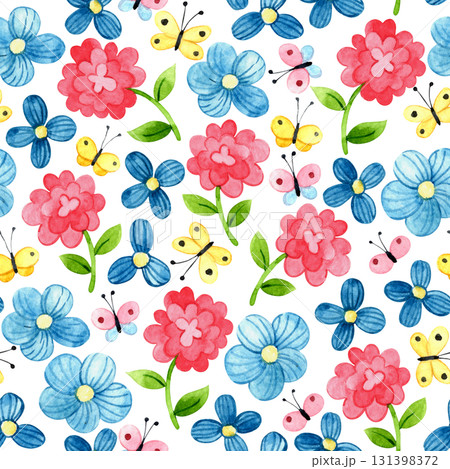 Seamless pattern with wildflowers and butterflies. Cute watercolor cartoon print. 131398372
