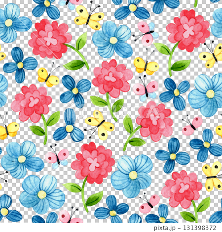 Seamless pattern with wildflowers and butterflies. Cute watercolor cartoon print. Seamless pattern with wildflowers and butterflies. Cute watercolor cartoon print. 131398372