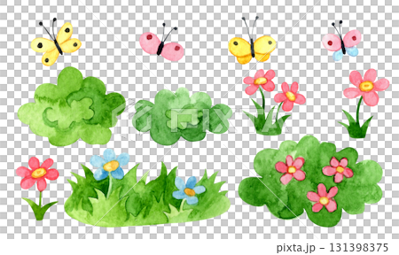 Cute watercolor illustration. Set of grass and flowers, meadow and butterflies. 131398375