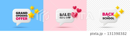 Sale chat speech bubble. 3d stars, sparkles, hearts chat bubbles. Sale 40 percent off discount. Promotion price offer sign. Retail badge symbol. Final sale, Back to school tag. Vector Sale chat speech bubble. 3d stars, sparkles, hearts chat bubbles. Sale 40 percent off discount. Promotion price offer sign. Retail badge symbol. Final sale, Back to school tag. Vector 131398382