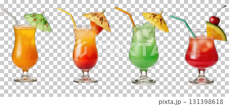 Four tropical cocktails display vibrant hues from yellow to red, each served in elegant glasses with fun umbrellas and straws, perfect for a summer gathering or celebration 131398618