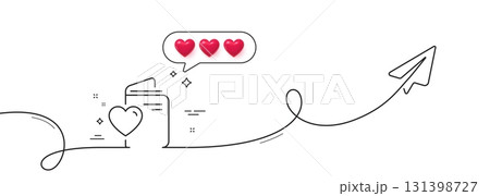 Love document line icon. Continuous line with share plane. Wedding passport sign. Couple relationships symbol. Hearts rate review in speech bubble. Love document single line ribbon. Vector 131398727