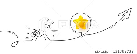 Mountain bike line icon. Continuous line with share plane. Outdoor bicycle transport sign. Sport activity symbol. 3d star in speech bubble. Mountain bike single line ribbon. Loop curve pattern. Vector 131398738