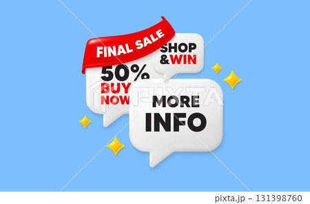 More info speech bubbles. Final sale flag ribbon. More info tag. Navigation sign. Read description symbol. Discount chat bubbles with 3d sparkles. Vector 131398760