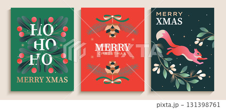 Set vertical greeting cards for happy Merry Christmas. Bright holiday flyers with squirrel, mistletoe, red berries. Template design for web, posters, banners, social media,greetings,invitations.Vector 131398761
