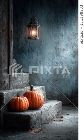 Warm autumn light illuminating pumpkins on steps 131398833