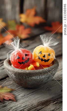 Colorful Halloween candy in a rustic bowl Colorful Halloween candy in a rustic bowl 131398946