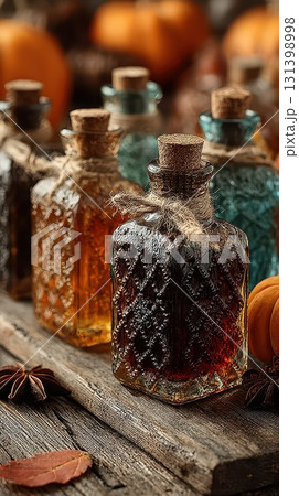 Natural favor bottles on wood 131398998