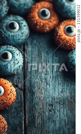 Colorful spooky treats on a wooden surface display 131399012
