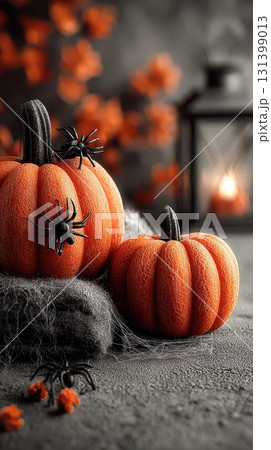 Halloween decorations with pumpkins and spiders 131399013