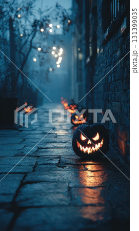 Halloween pumpkins line a dark misty street Halloween pumpkins line a dark misty street 131399035