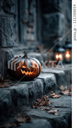 Spooky lit pumpkin at night 131399054