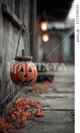 Halloween pumpkin lantern hanging in quiet street 131399055