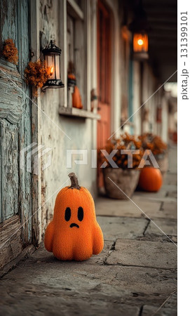 Cute pumpkin ghost decoration on autumn porch 131399101