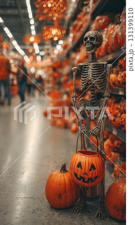 Skeleton decoration among Halloween items in store 131399110