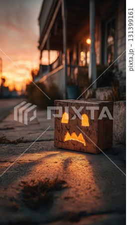 Pumpkin art on sidewalk at sunset Pumpkin art on sidewalk at sunset 131399161