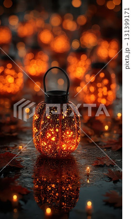 Glowing pumpkin lanterns illuminate autumn evening Glowing pumpkin lanterns illuminate autumn evening 131399171