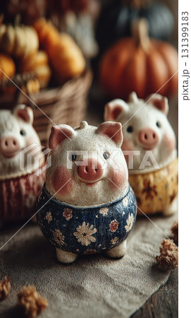 Ceramic pig figurines on display at autumn market 131399183