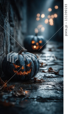 Spooky Halloween pumpkins glowing in the dark Spooky Halloween pumpkins glowing in the dark 131399193