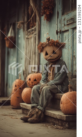 Scarecrow sitting among carved pumpkins on a porch Scarecrow sitting among carved pumpkins on a porch 131399204