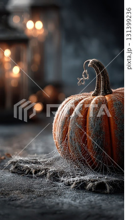 Spooky autumn pumpkin with spider webs at night Spooky autumn pumpkin with spider webs at night 131399236