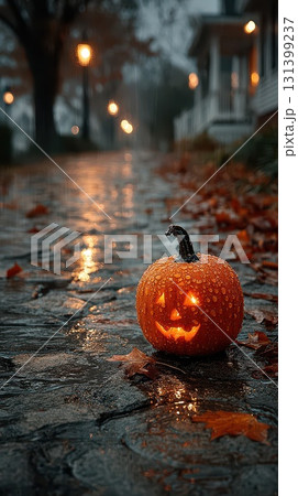 Cozy autumn night with a glowing jack o lantern Cozy autumn night with a glowing jack o lantern 131399237
