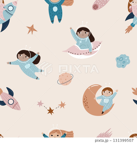 Seamless Cosmic Pattern with Cute Astronaut Girls, Rockets Planets Stars and Space Elements Seamless Cosmic Pattern with Cute Astronaut Girls, Rockets Planets Stars and Space Elements 131399507