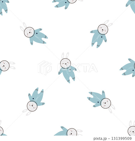 Seamless Cosmic Pattern with Cute Astronaut Bunny, Rabbits, Stars. Perfect for Kids Space Design 131399509