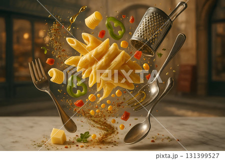 Levitating Pasta with Cutlery for Creative Culinary Design 131399527