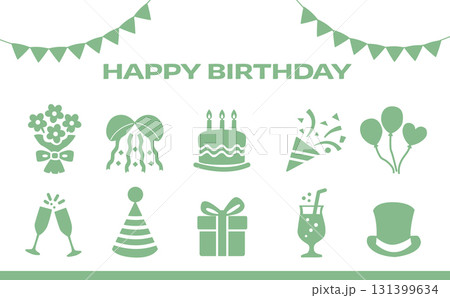 誕生日お祝いアイコンセット(シンプル・シルエット・グリーン) 誕生日お祝いアイコンセット(シンプル・シルエット・グリーン) 131399634