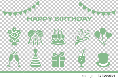 誕生日お祝いアイコンセット(シンプル・シルエット・グリーン) 誕生日お祝いアイコンセット(シンプル・シルエット・グリーン) 131399634