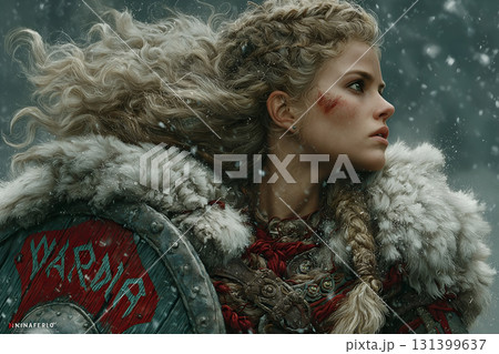 Viking Warrior with Shield and Red Mark in Snowstorm 131399637