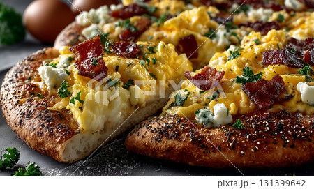 Breakfast Pizza with Eggs, Bacon, and Cheddar 131399642